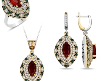 Conjunto de joyas de plata de ley 925 quilates con rubí, diseño otomano, estilo vintage, con pendientes, anillo y collar de rubí, joyas únicas para mujer.