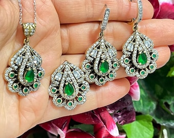 Parure di gioielli in argento smeraldo 925K, set da donna autentico fatto a mano con orecchini, ciondolo e anello, regalo perfetto per lei, design ottomano