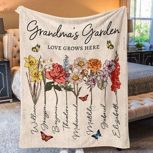 Personalized Grandmas Garden Blanket | Grandma Love Grows Here Blanket | Birth Month Flowers With Family Names Gift | Mother's Day Gift 2024