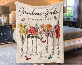 Personalized Grandmas Garden Blanket | Grandma Love Grows Here Blanket | Birth Month Flowers With Family Names Gift | Mother's Day Gift 2024