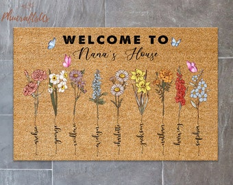 Personalized Welcome To Nana's House Doormat, Custom Birth Month Flower Gift For Nana From Kids, Nana Rubber Doormat, Mother's Day Gift 2024