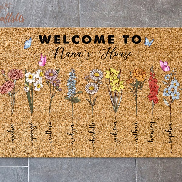 Personalized Welcome To Nana's House Doormat, Custom Birth Month Flower Gift For Nana From Kids, Nana Rubber Doormat, Mother's Day Gift 2024