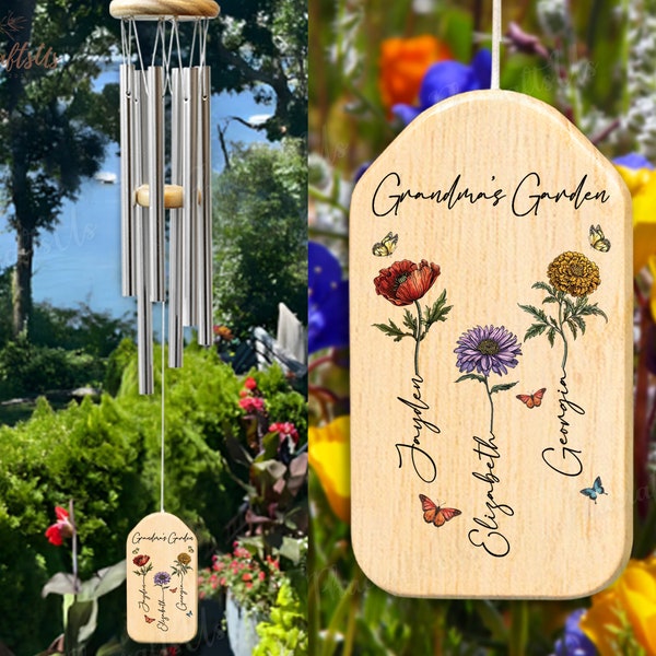Personalized Grandmas Garden Windchimes | Custom Birth Flower Gift | Grandma Garden Wind Chime Gift For Nana | Happy Mother's Day Gift 2024