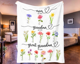 Personalized Great Grandma Blanket | First Mom Then Grandma Now Great Grandma Gift | Birth Month Flowers Gift | Happy Mother's Day Gift 2024