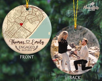 Custom Location Engaged Ornament, Photo Ornament Engagement Gift For Newly Engaged Couple, Christmas Ornaments Anniversary Gift For Husband