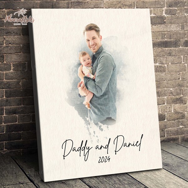 First Father's Day Gift Portrait Watercolor Wall Art, Custom Photo Canvas For First Time Dad, Custom New Dad Gift, 1st Father's Day 2024