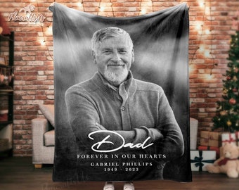 Memorial Photo Blanket For Loss Of Father, Dad Forever In Our Hearts In Loving Memory Photo Blanket, Dad Memorial Gift Keepsake Blankets