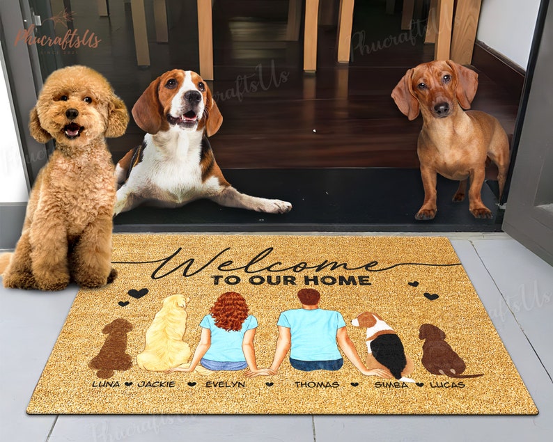 Personalized Family Dog Doormat, Poodles, Beagles Dog Welcome Mat Gift, Dachshunds Dog Custom Clipart Door Mat, Gifts For Pet Lover