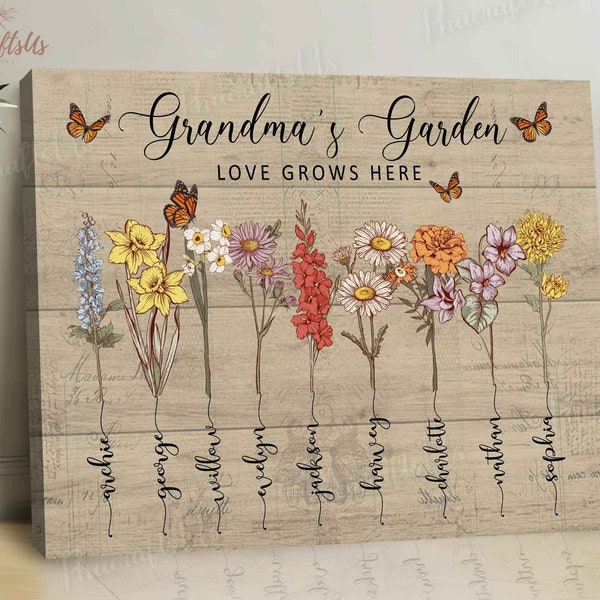 Panneau personnalisé Grandma's Garden, Love Grow Here, prêt à accrocher, personnalisation gratuite des noms et des citations de vos enfants !
