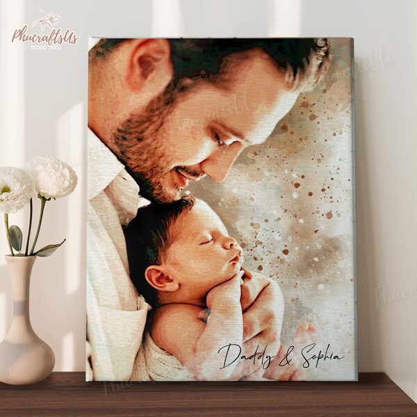 First Father's Day Gift Portrait Watercolor Wall Art, Personalized Photo Canvas For New Dad, 1st Father's Day 2024, First Time Dad Gift