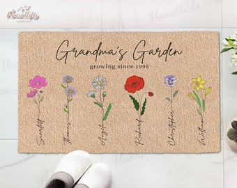 Grandma's Garden Personalized Rubber Doormat, Grandma Mother's Day Gift from Grandkids, Custom Birth Month Flower Family Name Doormat Gift