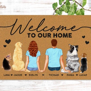 Personalized Family Dog Doormat, Welcome Indoor Outdoor Entry Rug Front, Custom Clipart Doormat For New House, Door Mat for Front Door