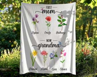 First Mom, Now Grandma Blanket | Birth Month Flowers With Grandkids Names | Personalized Grandmas Garden Blanket  | Mothers Day Gift