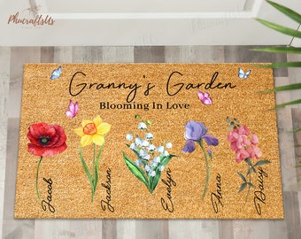 Personalized Grandmas Garden Rubber Doormat | Mothers Day Gift For Grandma | Grandkids Birth Month Flowers Gift | Mother's Day Gift 2024