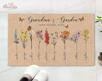 Personalized Grandma's Garden Gift, Rubber Doormat Mothers Day Gift For Grandma Birthday Gift, Birth Month Flower Home Doormat