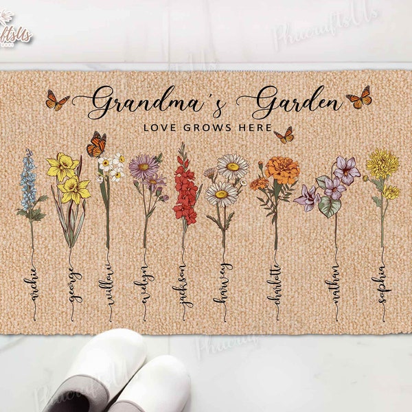 Personalized Grandma's Garden Gift, Rubber Doormat Mothers Day Gift For Grandma Birthday Gift, Birth Month Flower Home Doormat