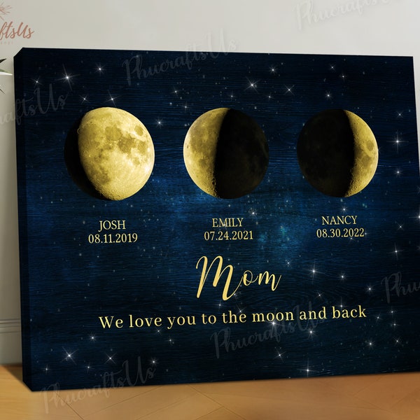 Personalized Moon Phase Wall Art Gift For Mom, The Day You Were Born Canvas, We Love You To The Moon And Back Mom, Family Wall Art Gift