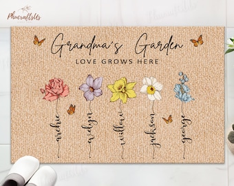 Personalized Grandma's Garden Gifts, Love Grows Here Rubber Doormat, Custom Birth Month Flower Gift For Grandma, Mothers Day Gift 2024