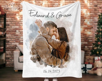 Custom Photo Blanket Valentine Day Gift For Boyfriend, Personalized Blanket Couple Anniversary Gift, Watercolor Couple Portrait From Photo