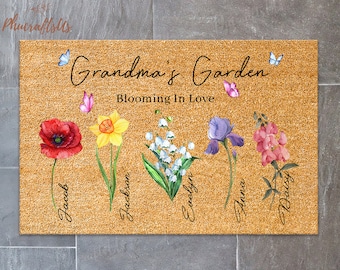 Personalized Grandma's Garden Doormat, Birth Month Flower Rubber Doormat, Blooming In Love Gift For Grandma From Kids, Mothers Day Gift 2024