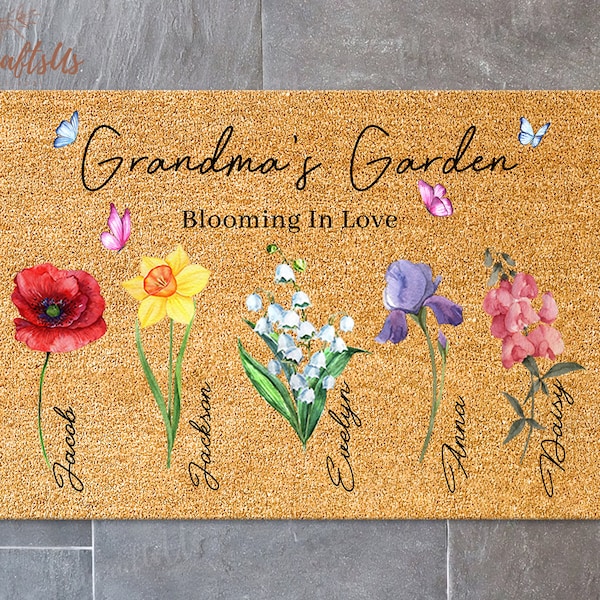 Personalized Grandma's Garden Doormat, Birth Month Flower Rubber Doormat, Blooming In Love Gift For Grandma From Kids, Mothers Day Gift 2024