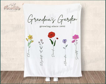 Grandma's Garden Blanket, Custom Birth Month Flower Blanket Gift For Grandma, Personalized Grandma Blanket For Nana Gigi Gift From Grandkids