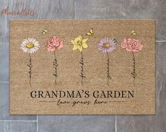 Personalized Grandma's Garden Doormat, Custom Birth Month Flower Gift For Nana, Love Grows Here Rubber Doormat, Happy Mother's Day Gift 2024