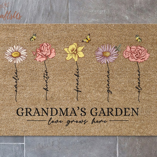 Personalized Grandma's Garden Doormat, Custom Birth Month Flower Gift For Nana, Love Grows Here Rubber Doormat, Happy Mother's Day Gift 2024