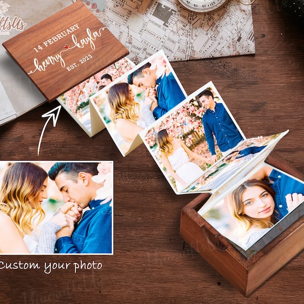 Personalized Couple Photo Album Box | Custom Pull Out Photo Album In Box | Memory Collection For Him | Wooden Photo Frame Box