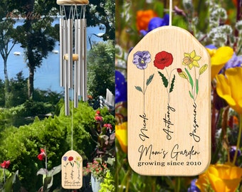 Personalized Mom's Garden Windchimes | Mommy's Garden Windchimes With Kids Name | Custom Birth Month Floral Gift | Mothers Day Gift