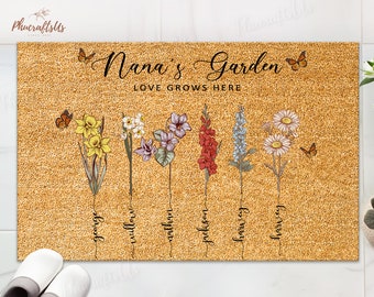 Personalized Nana's Garden Gift, Gift For Nana From Kids, Growing Since Birth Month Flower Rubber Doormat, Happy Mothers Day Gift 2024