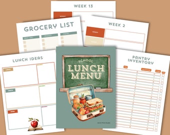 School Lunch Planner Printable: Weekly Menu, Grocery List (Instant Download)