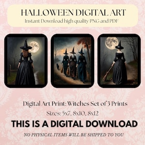 Witches with Brooms Art Print Set: Spooky Cottagecore Halloween Wall Art Decor (Digital Download)
