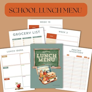 Back to School Lunch Menu Printable Planner, Instant Download, Weekly Meal Planner, Grocery List, Pantry Inventory Checklist