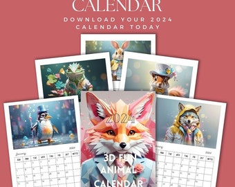 Fun Animal Calendar | 2024 3D Art Printable Colorful Instant Download Monthly Desk or Wall Calendar Sunday Start