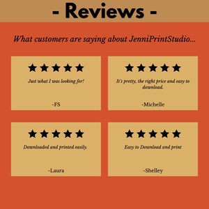 May include: An orange background with the text "- Reviews -" at the top. Below, the text "What customers are saying about JenniPrintStudio..." is displayed. Four customer reviews are shown, each with five black stars and a short quote.
