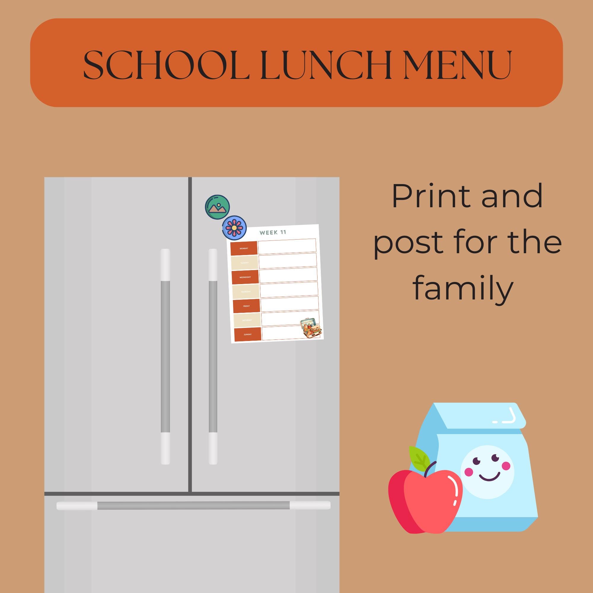 School Lunch Menu Printable Planner, Instant Download, Weekly Meal ...