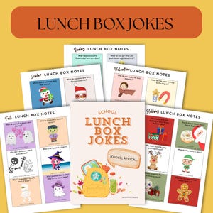 Printable Kids School Lunch Box Jokes, 96 Seasonal Dad Jokes, includes Halloween, Back to School, Winter, Thanksgiving, Holidays