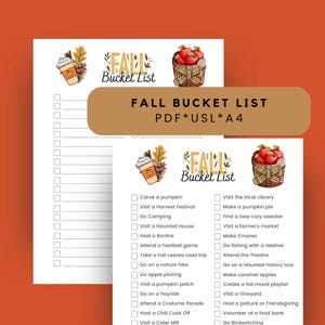May include: Two printable Fall Bucket List sheets. The top sheet has a tan banner with the text "FALL BUCKET LIST" and the bottom sheet has a list of fall activities. The sheets have illustrations of a pumpkin spice latte, apples, and fall leaves.