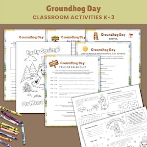 Puede incluir: Una colección de hojas de actividades para el aula del Día de la Marmota para los grados K-3. Las hojas de trabajo incluyen un anagrama, trivia, un cuestionario de verdadero o falso y un juego de palabras. También se incluyen páginas para colorear y un laberinto.