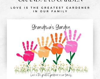 Grandma's Gift Children’s handprint art – DIY print at home grandma's keepsake from family with kid’s handprints in paint for mother's day