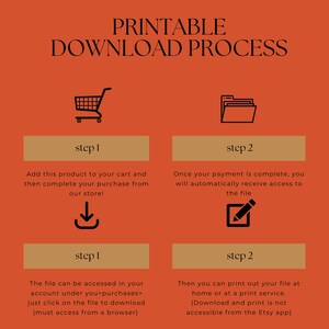 May include: An orange graphic with the text "PRINTABLE DOWNLOAD PROCESS" and instructions for downloading a file. The steps include adding to cart, completing purchase, accessing the file, and printing.