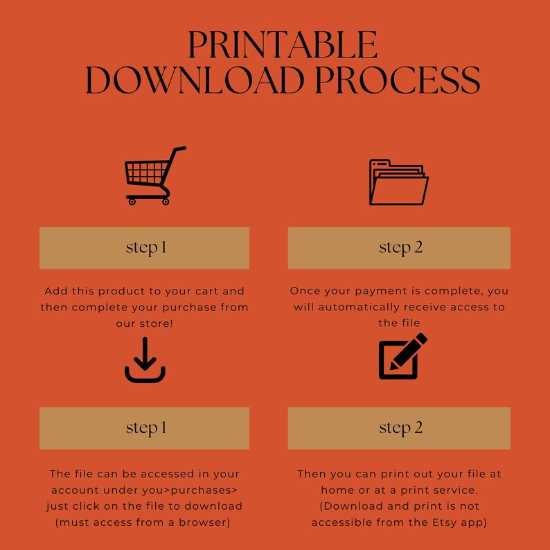 May include: An orange graphic with the text "PRINTABLE DOWNLOAD PROCESS" and instructions for downloading a file. The steps include adding to cart, completing purchase, accessing the file, and printing.