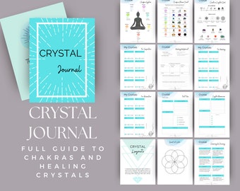 Printable Crystal Journal + Chakra Guide with grids, worksheets, healing + focus intention, journal pages, crystal meanings, digital only