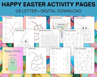 Happy Easter Printable Activity Pages with Kids Coloring Activities, instant download