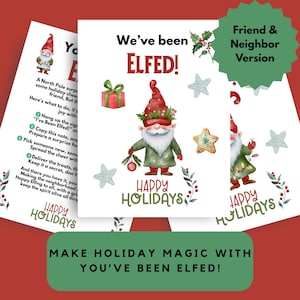 May include: Holiday-themed cards with the text "We've been Elfed!" and "Happy Holidays." The cards feature illustrations of gnomes, stars, and a gift. The phrase "Make Holiday Magic With You've Been Elfed!" is also displayed.