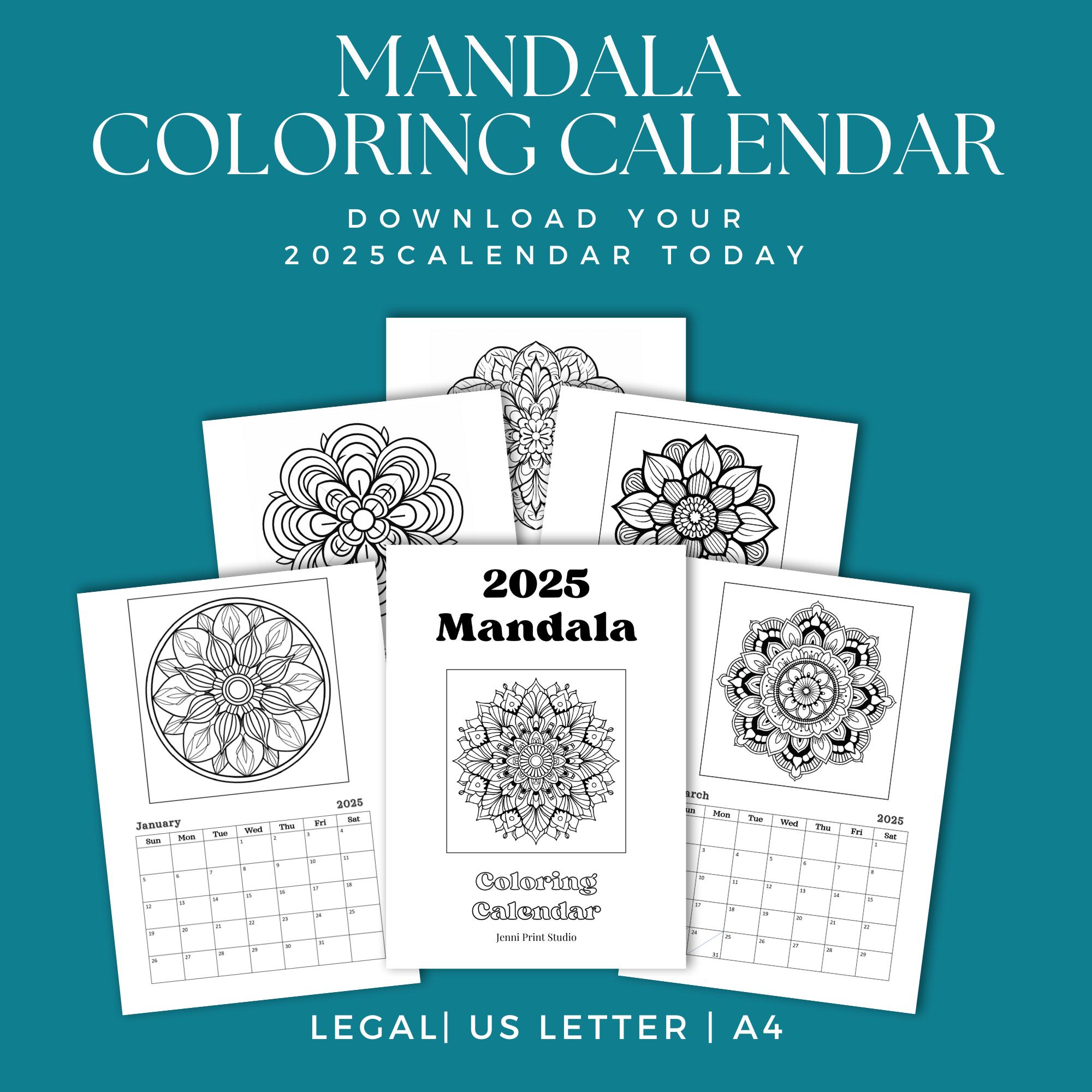 Mandala Coloring Calendar 2025 Printable | Various Sizes | Print Wall Calendar, Desktop Calendar ...