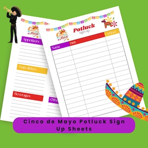 Puede incluir: Hoja de inscripción imprimible para un potluck del Cinco de Mayo. La hoja tiene secciones para aperitivos, platos principales, bebidas y otros. También incluye una sección para el nombre, el plato y la información de contacto de la persona que se inscribe.