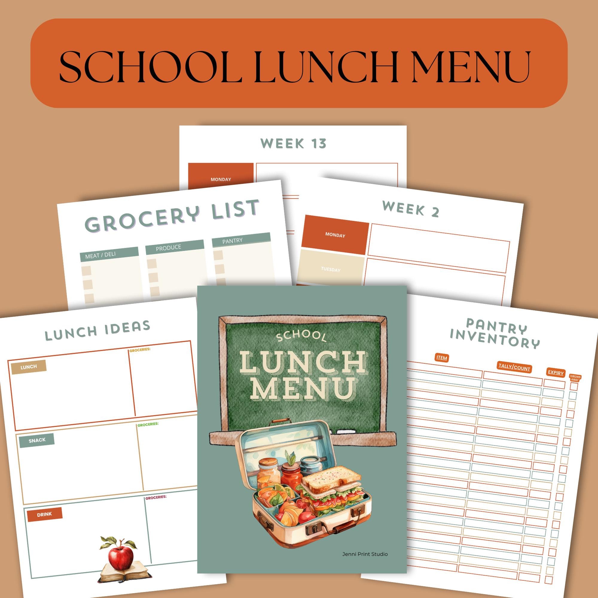 School Lunch Menu Printable Planner, Instant Download, Weekly Meal ...
