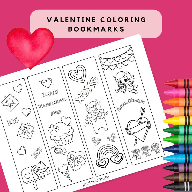Valentine Coloring Bookmarks: Printable Bookmark, DIY Kid's Activity ...